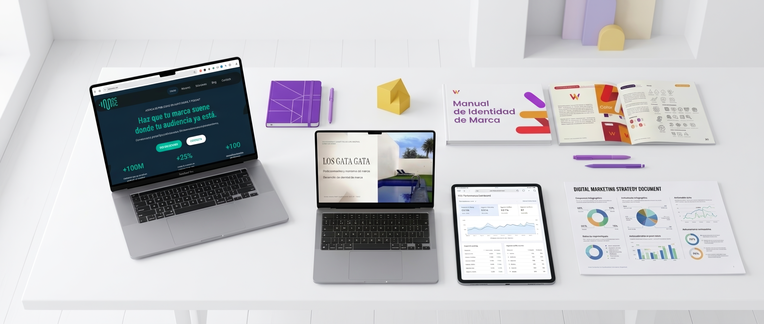 mesa con servicios de posicionamiento de marca, estrategia de marketing etc